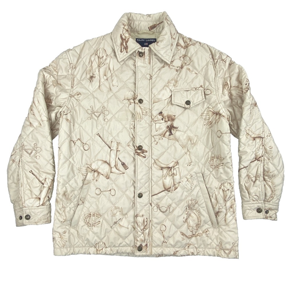Vtg Ralph Lauren Polo Sport Womens Jacket Size L Quilted Equestrian Print Beige